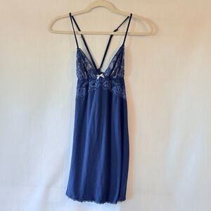 Victoria's Secret Luxe Soft Lace Slip Dress Nightgown Navy Blue Modal Size Small